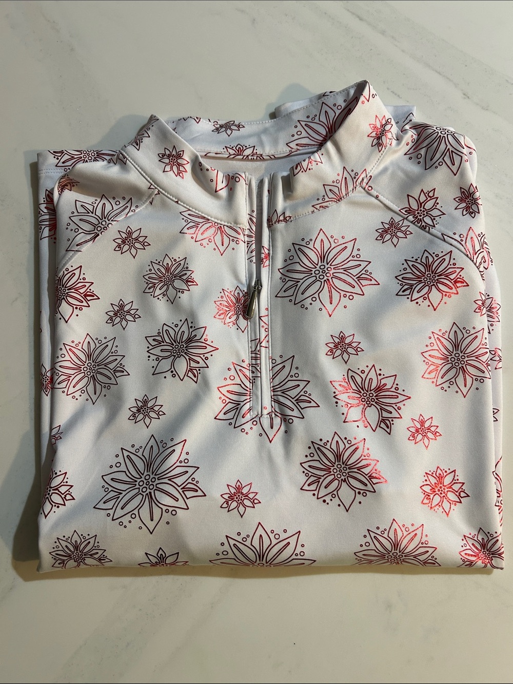 Coral Bay White Zip-Front Pullover with Red Floral Medallions